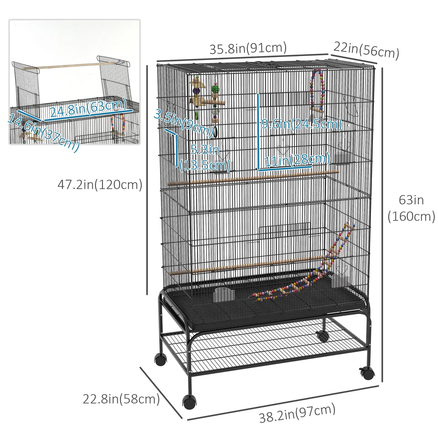 63" Bird Cage With Open Top, Stand, Toys, Removable Tray, Storage Shelf Bird Cages at Gallery Canada
