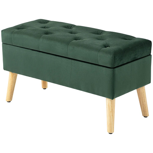 Velvet Storage Ottoman with Lid, Wood Legs, Dark Green