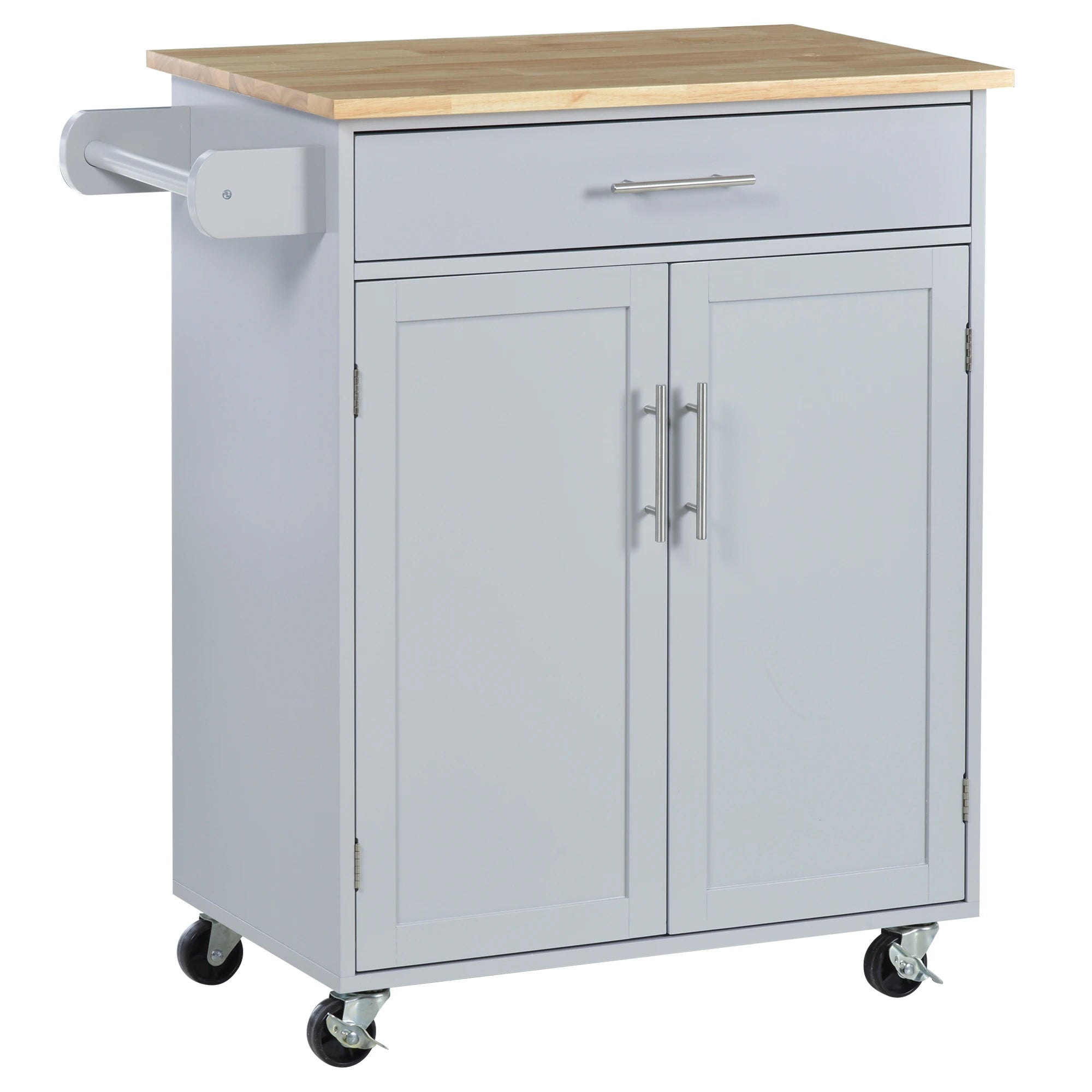 Rolling Kitchen Island Cart, Wood Top, Storage Drawer, Towel Bar, Shelves, Grey Kitchen Islands & Kitchen Carts Grey, Wood Grain Top at Gallery Canada