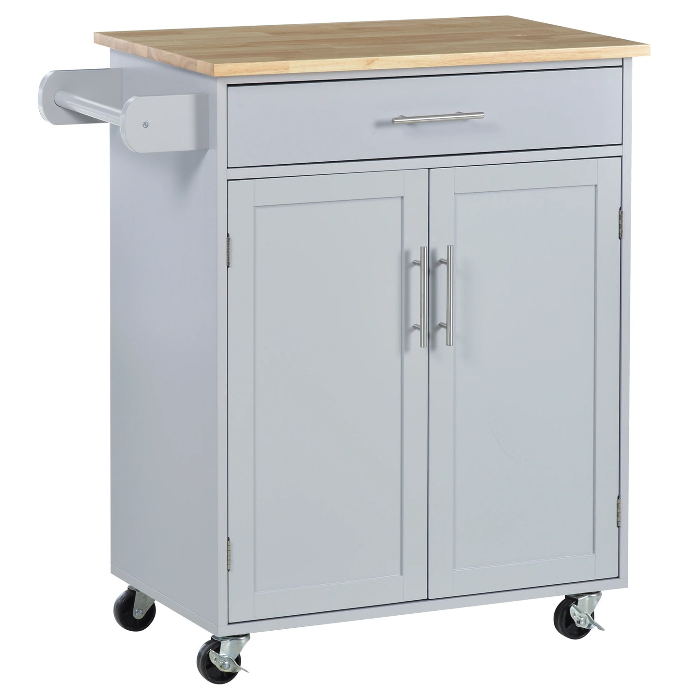 Rolling Kitchen Island Cart, Wood Top, Storage Drawer, Towel Bar, Shelves, Grey Kitchen Islands & Kitchen Carts Grey, Wood Grain Top at Gallery Canada