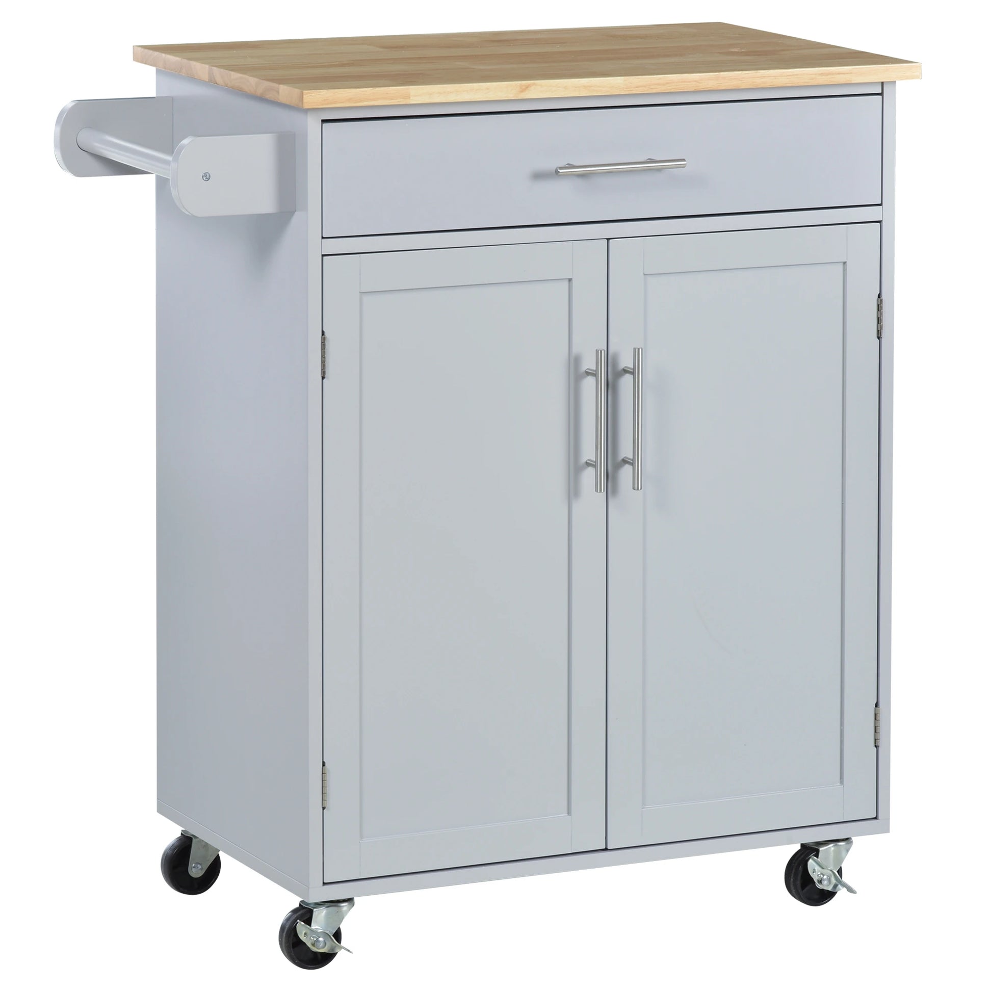 Rolling Kitchen Island Cart, Wood Top, Storage Drawer, Towel Bar, Shelves, Grey Kitchen Islands & Kitchen Carts Grey, Wood Grain Top at Gallery Canada