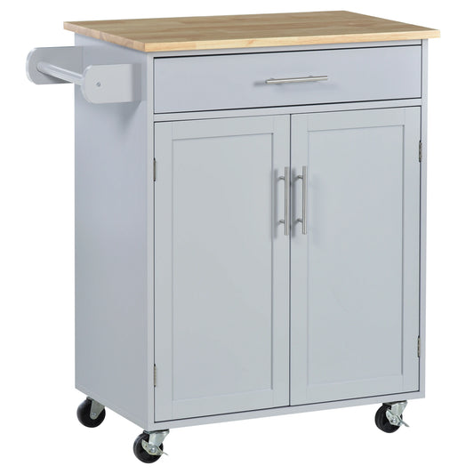 Rolling Kitchen Island Cart, Wood Top, Storage Drawer, Towel Bar, Shelves, Grey Kitchen Islands & Kitchen Carts Grey, Wood Grain Top at Gallery Canada