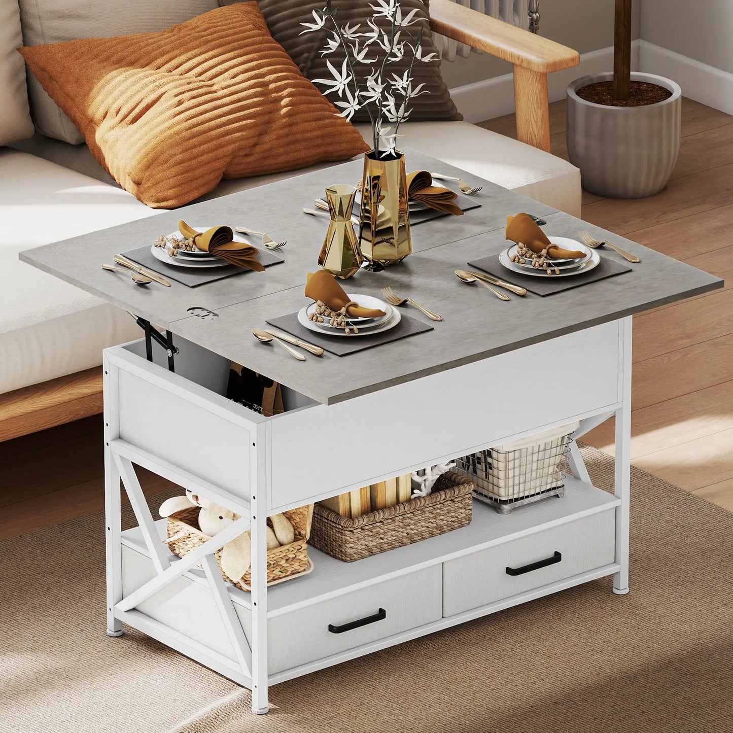 Modern Coffee Table, Lift Top with Fabric Drawers, Hidden Storage, Cement Grey Coffee Tables at Gallery Canada
