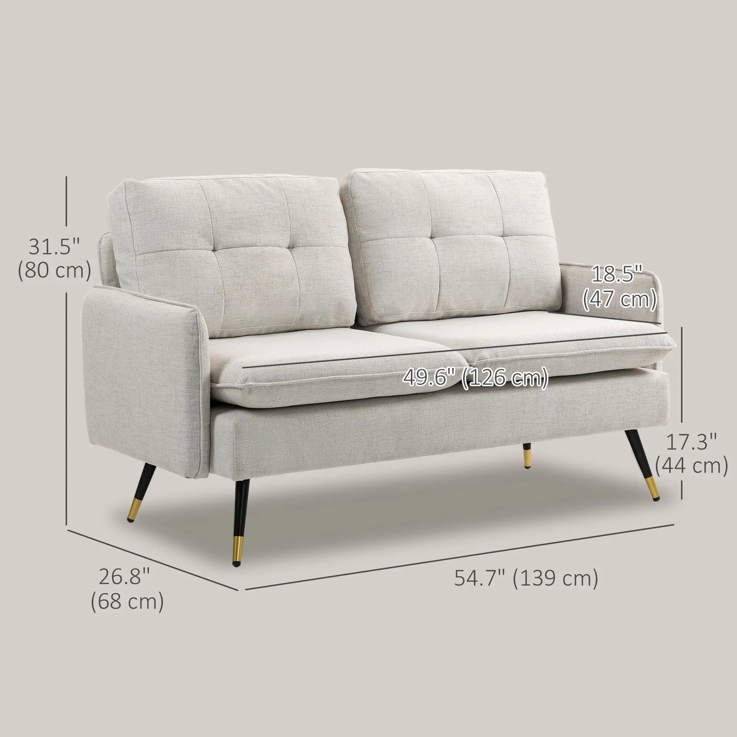 55" Loveseat, Fabric Sofa, Button Tufted Back, Steel Legs, Cream White 2-Seater Sofas at Gallery Canada