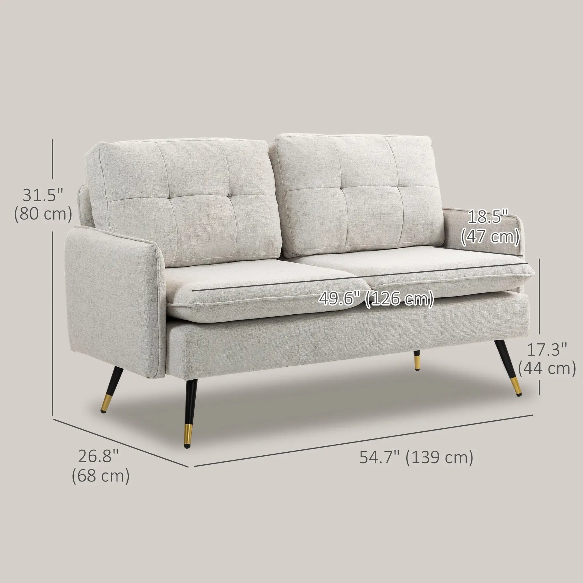 55" Loveseat, Fabric Sofa, Button Tufted Back, Steel Legs, Cream White 2-Seater Sofas at Gallery Canada