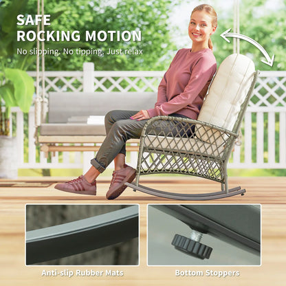 Rattan Rocking Chair, Outdoor Wicker Patio Rocker with Cushions, Khaki Outdoor Rocking Chairs at Gallery Canada
