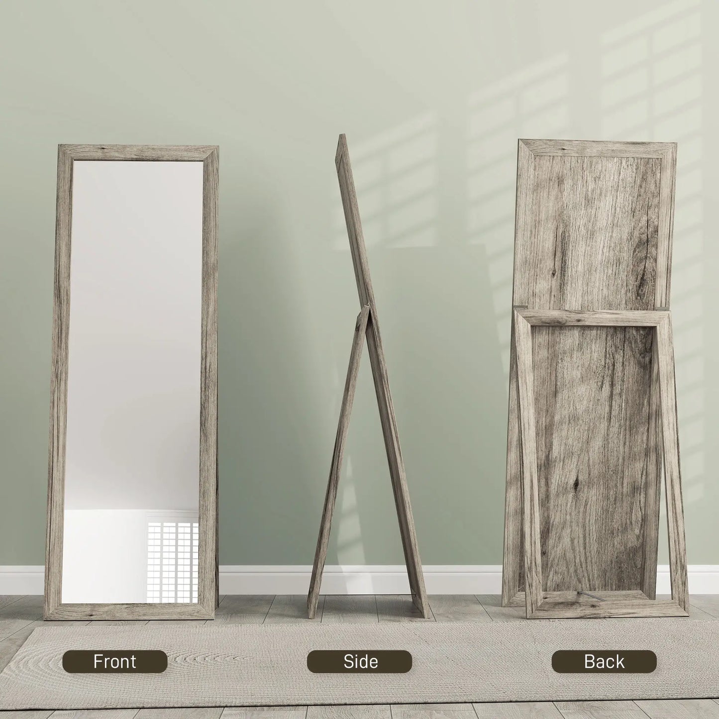 58" x 20" Floor Mirror, Full Body, Bedroom, Living Room, Wood Grain, Grey Full Length Mirrors at Gallery Canada