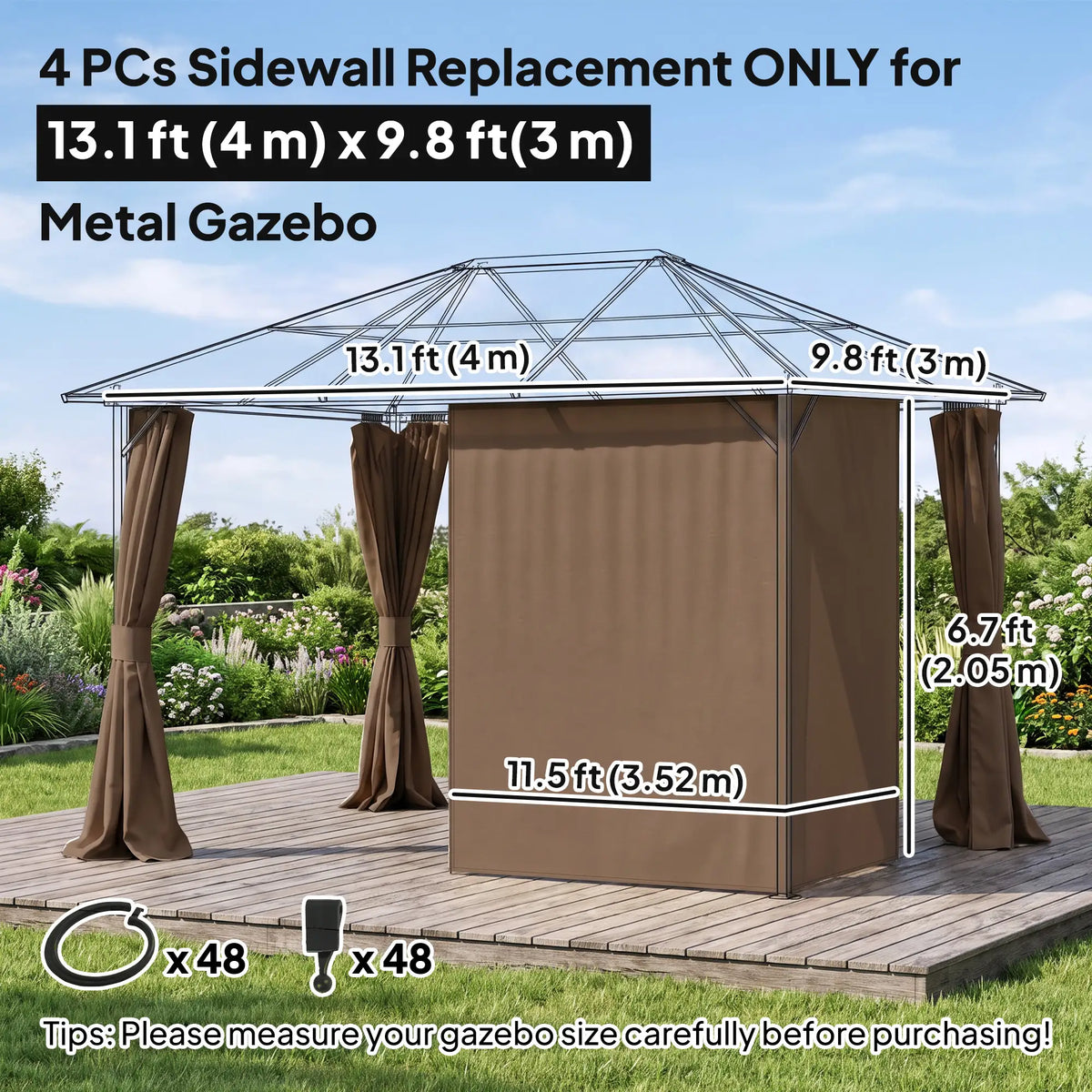4-Panel Gazebo Curtains, Privacy Sidewall for 10' x 13' Canopy, Dark Brown