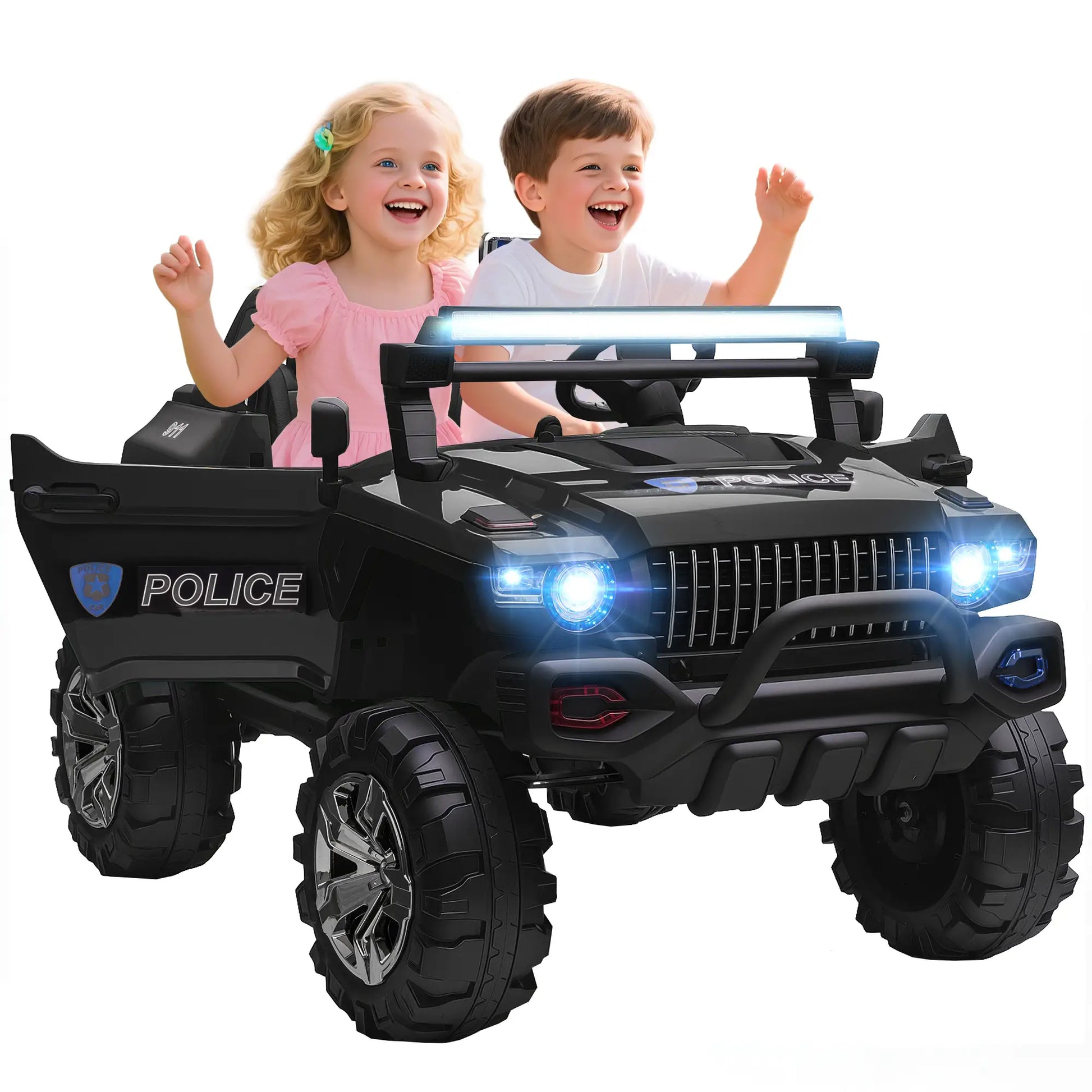 12V Ride On Police Car, 2 Seater, For Kids 3-8 Years, Remote Control, LED Lights, MP3, Black Electric Toy Cars Black at Gallery Canada