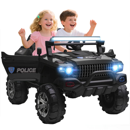12V Ride On Police Car, 2 Seater, For Kids 3-8 Years, Remote Control, LED Lights, MP3, Black