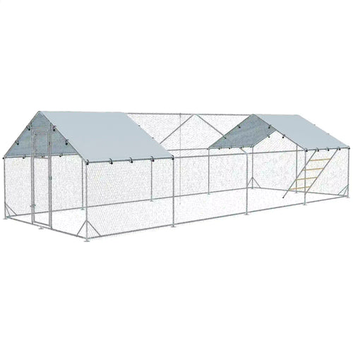 Large Metal Chicken Run, Waterproof UV-Resistant Cover, Feeding Door, Hanging Feeder, Perch, 24-30 Chickens