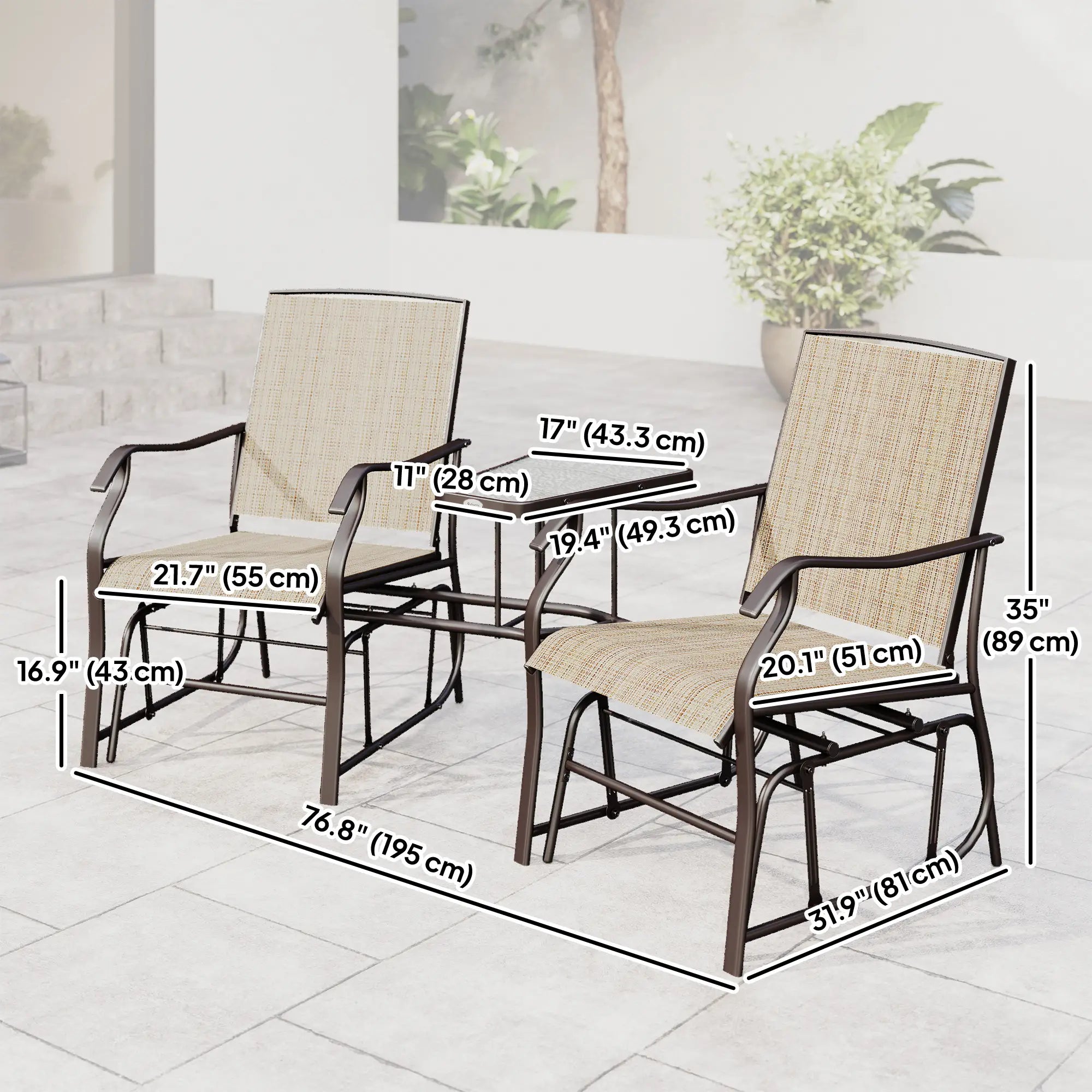 Double Patio Glider Chair, Glass Top Table, All Weather Mesh, Light Brown Outdoor Gliders at Gallery Canada