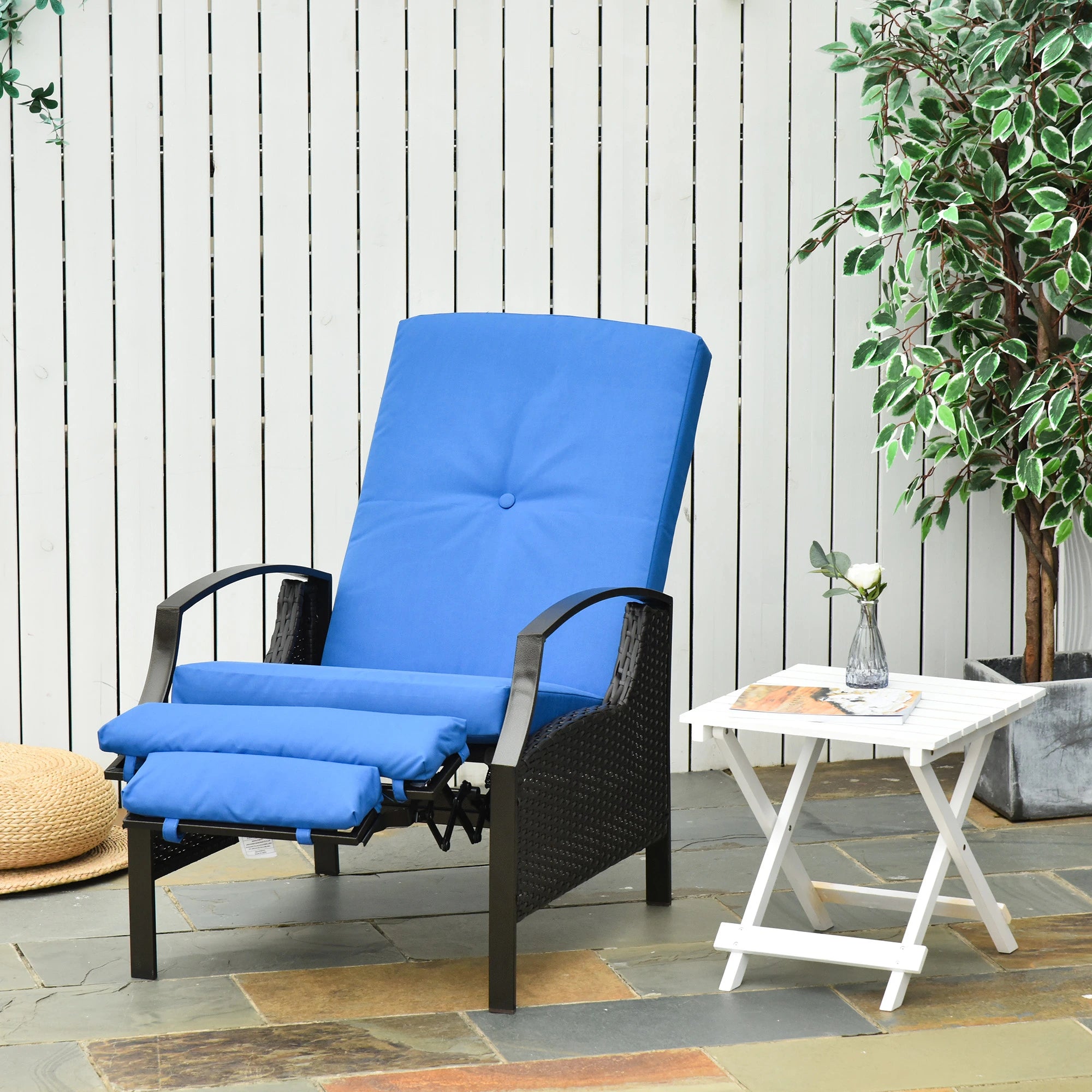 Outdoor Rattan Recliner Chair, Adjustable Back, Retractable Footrest, Blue Chaise Loungers at Gallery Canada