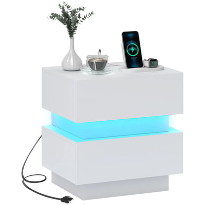 Modern Nightstand with Charging Station, LED Light, USB Ports, White Bedside Tables at Gallery Canada