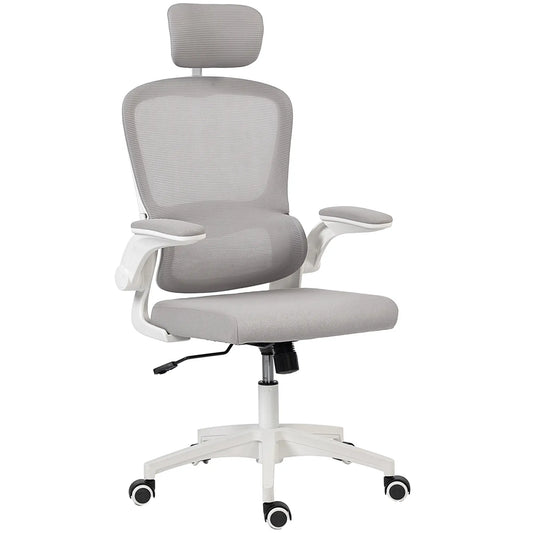 Ergonomic Mesh Office Chair, High Back, Rotatable Headrest, Flip-Up Armrests, Lumbar Support, Grey Task Chairs Grey, White at Gallery Canada