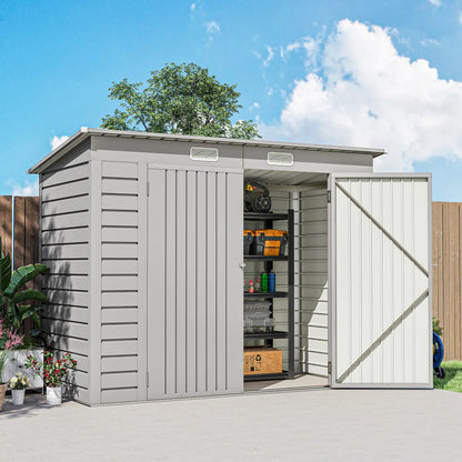 8 x 4FT Galvanized Garden Storage Shed, Metal Outdoor Shed, Light Grey