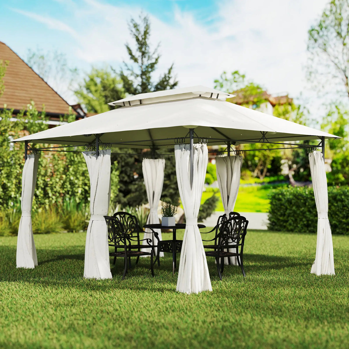 10' x 13' Gazébo de Patio à Double Toit, Extérieur avec Rideaux, Blanc Crème