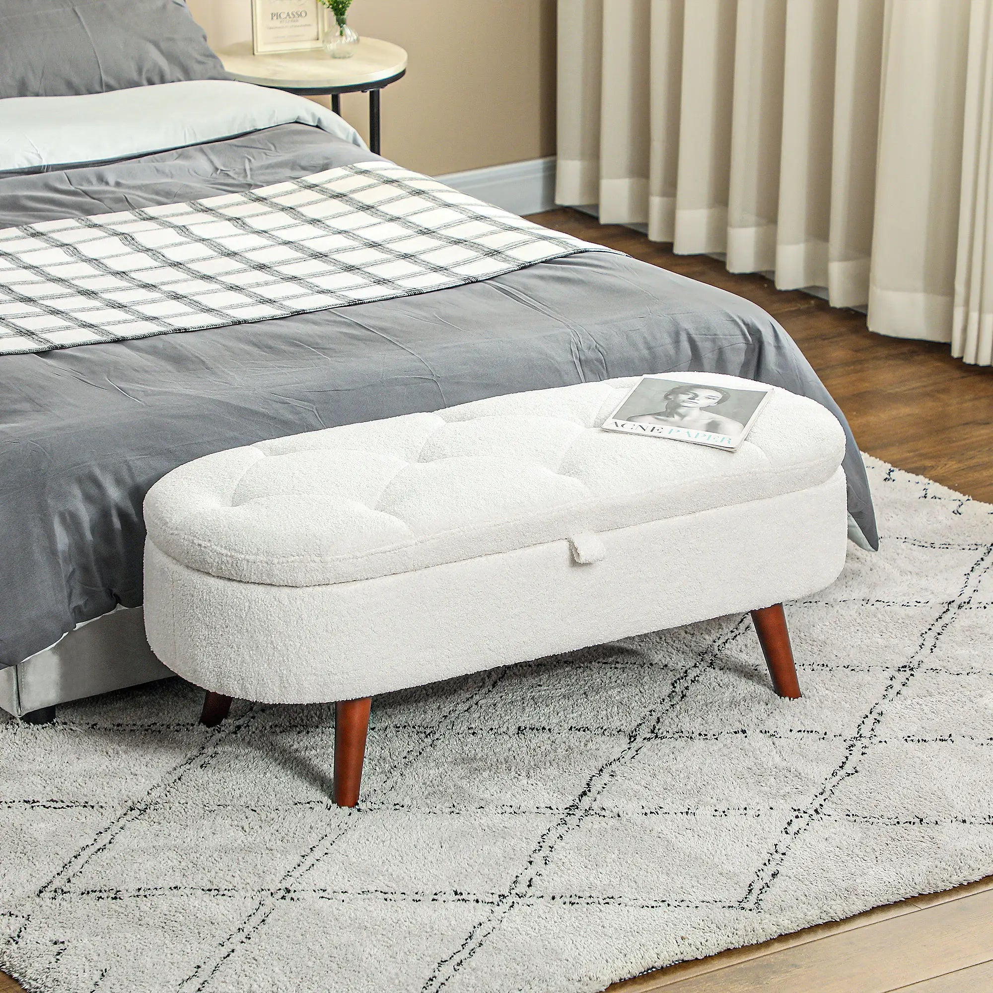 Boucle Storage Bench, Tufted Teddy Fleece, Wood Legs, White Storage Ottomans & Benches at Gallery Canada