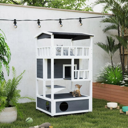 4-Floor Wood Outdoor Cat House, Condo, Fun Entrances, Perch, Grey Cat Houses at Gallery Canada