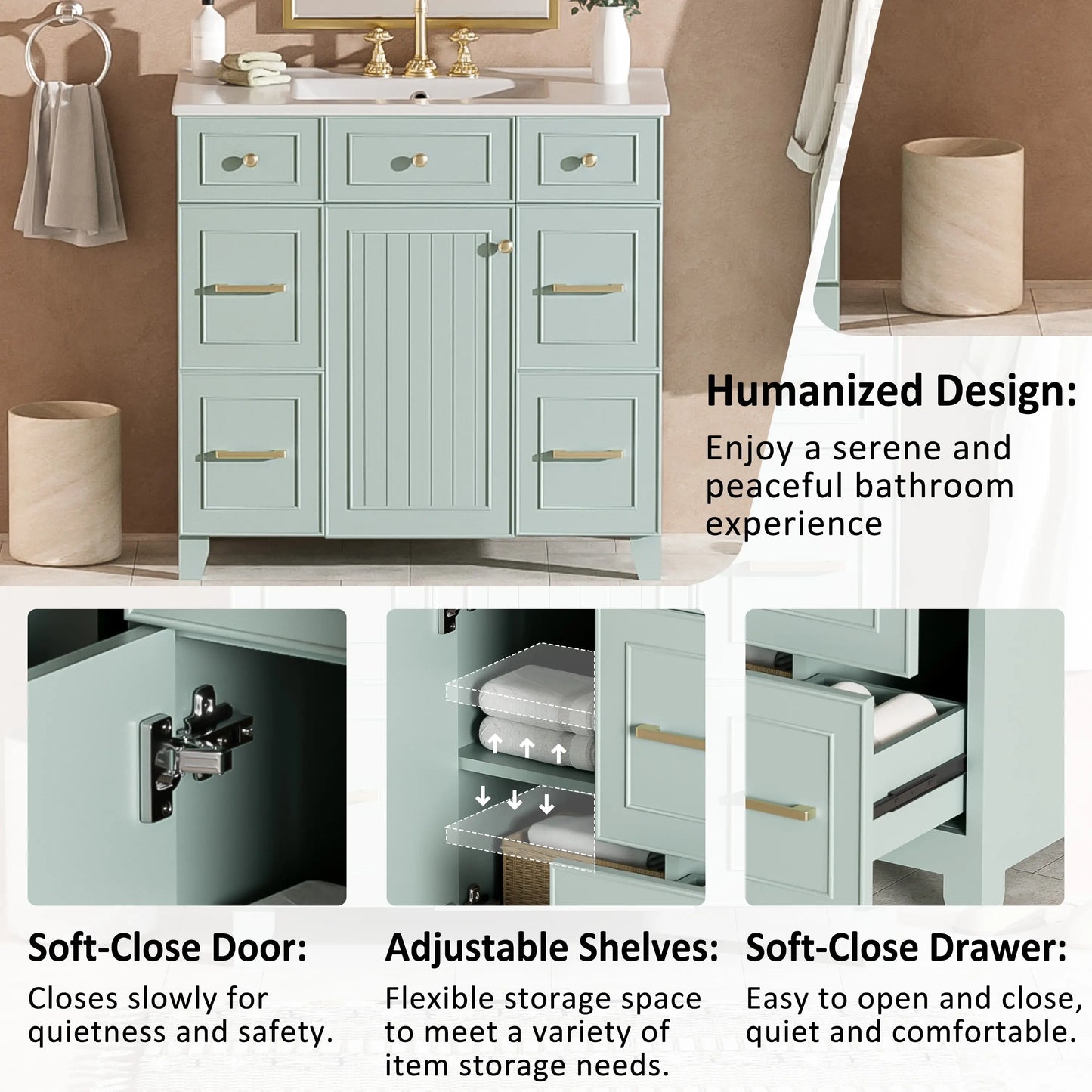 Bathroom Vanity, Ceramic Sink, Soft-Close Doors, 36" L x 18" W x 34" H, Green Sink Cabinets at Gallery Canada