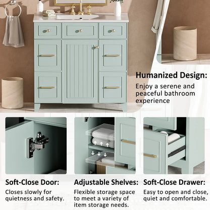 Bathroom Vanity, Ceramic Sink, Soft-Close Doors, 36" L x 18" W x 34" H, Green Sink Cabinets at Gallery Canada