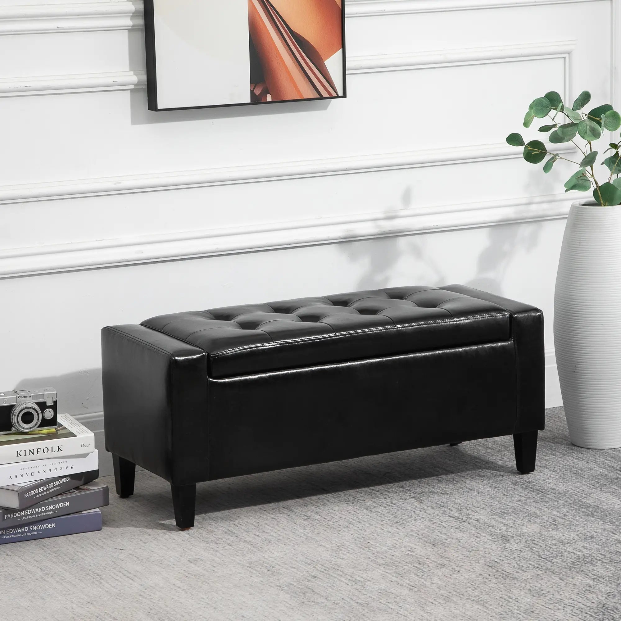 Storage Ottoman Bench, PU Leather Upholstered, Tufted Design, Black Storage Ottomans & Benches at Gallery Canada