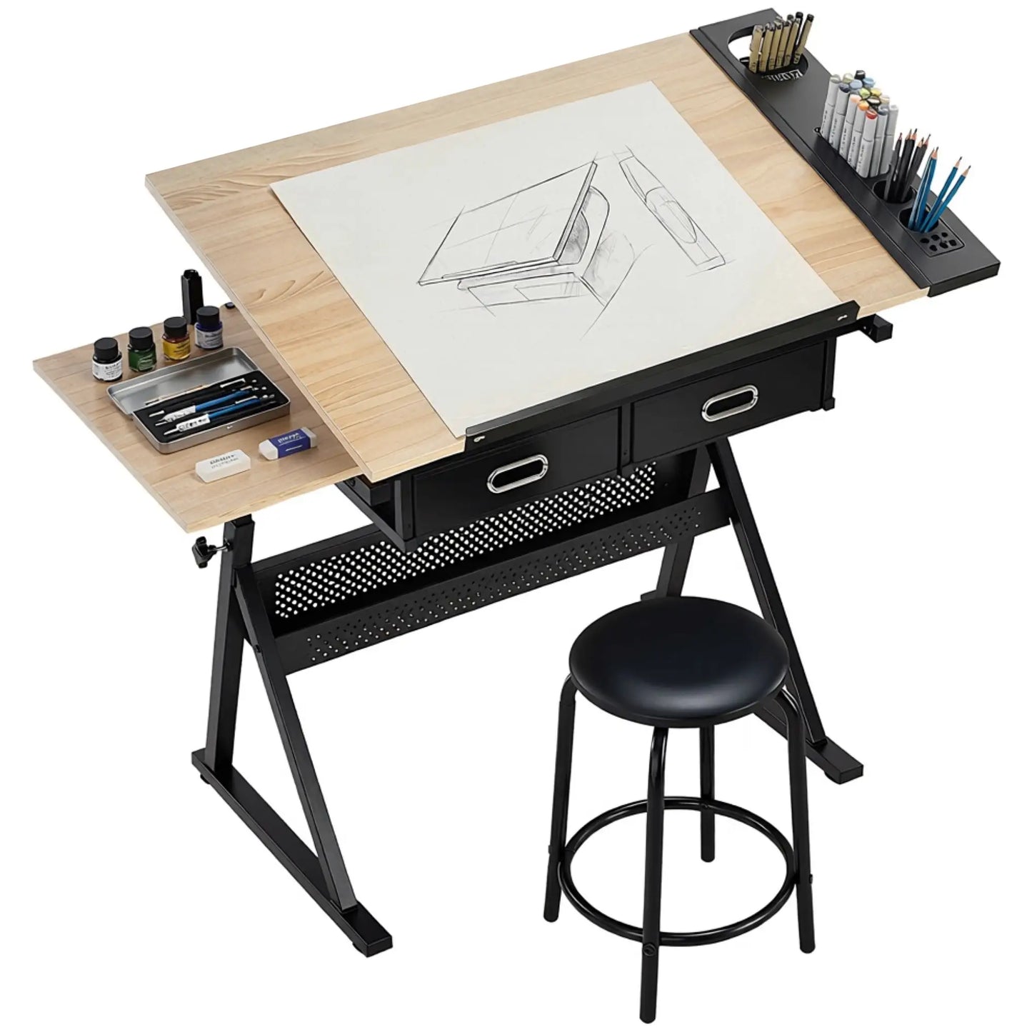 Adjustable Drafting Table, Art Desk With Stool And Storage Drawers, Oak Writing Desks Oak, Black at Gallery Canada