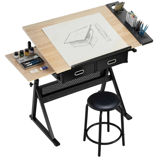 Adjustable Drafting Table, Art Desk With Stool And Storage Drawers, Oak Writing Desks Oak, Black at Gallery Canada
