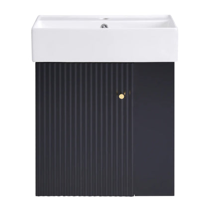 Floating Bathroom Vanity, Ceramic Basin, Right Storage, 21.5" L x 12" W x 26.5" H, Black+White Sink Cabinets at Gallery Canada