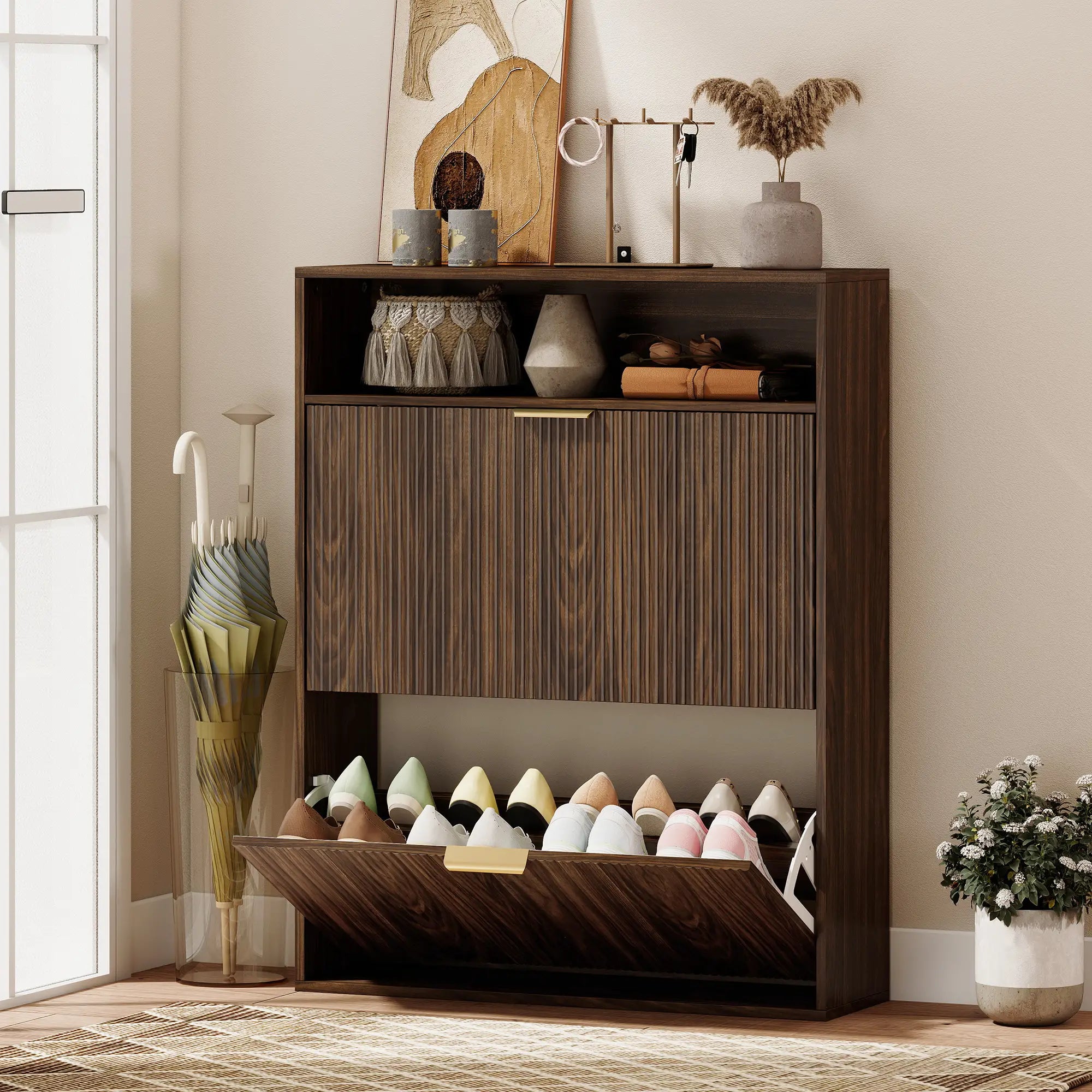 Shoe Cabinet 2 Flip Drawers, Narrow Storage, Top Shelf Shoe Storage Cabinets & Racks at Gallery Canada
