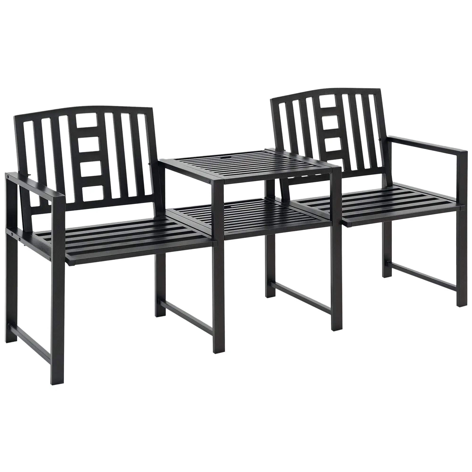 Steel Garden Bench With Table, Umbrella Hole, Black Outdoor Benches Black at Gallery Canada