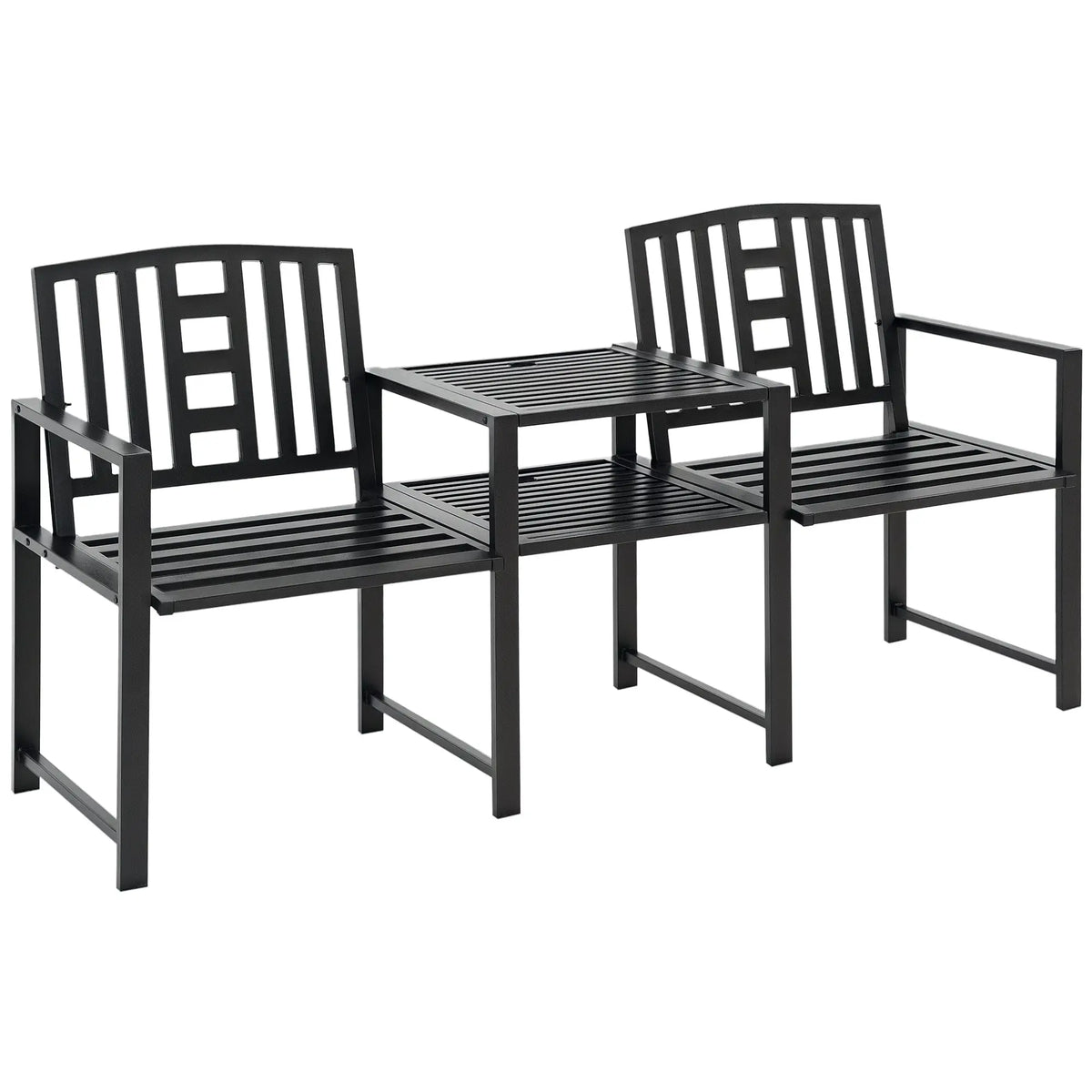 Steel Garden Bench With Table, Umbrella Hole, Black Outdoor Benches Black at Gallery Canada