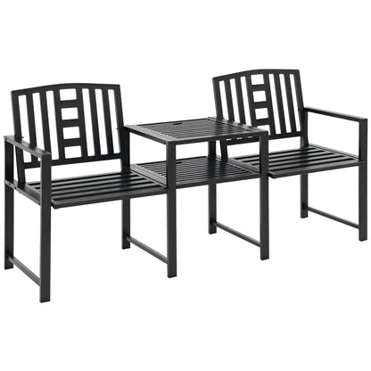 Steel Garden Bench With Table, Umbrella Hole, Black Outdoor Benches Black at Gallery Canada
