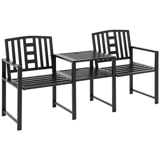 Steel Garden Bench With Table, Umbrella Hole, Black Outdoor Benches Black at Gallery Canada