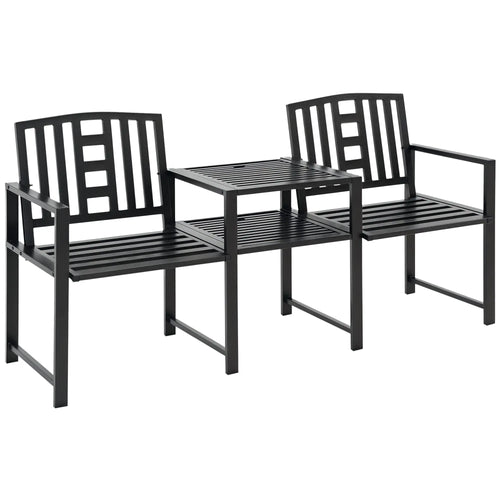 Steel Garden Bench With Table, Umbrella Hole, Black