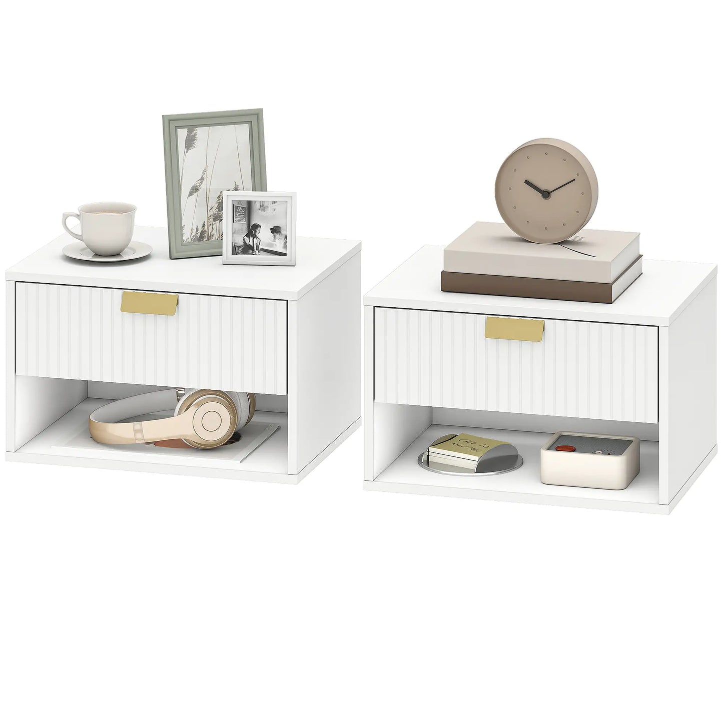 Set of 2 Floating Nightstands, Wall Mounted with Fluted Drawer and Shelf, White
