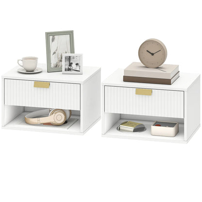 Set of 2 Floating Nightstands, Wall Mounted with Fluted Drawer and Shelf, White