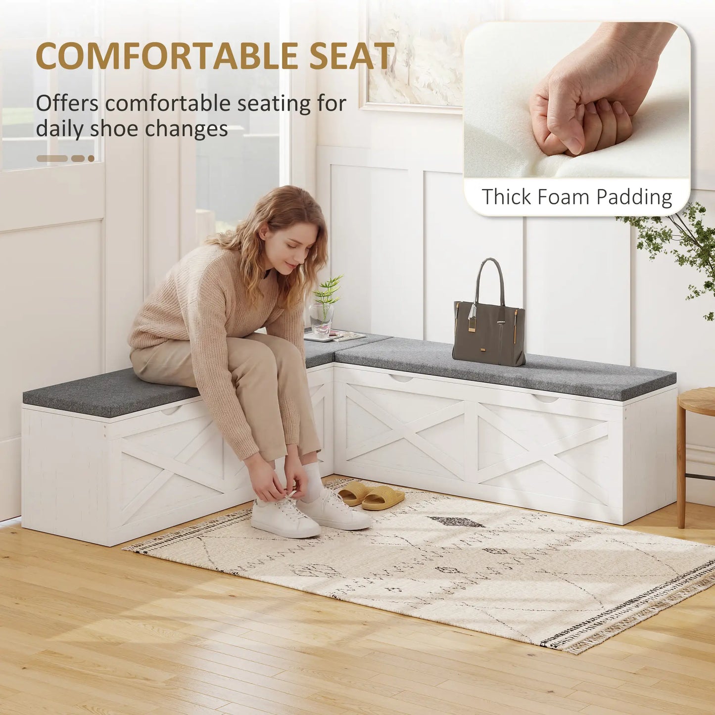 L-Shaped Shoe Bench With Padded Cushion, White
