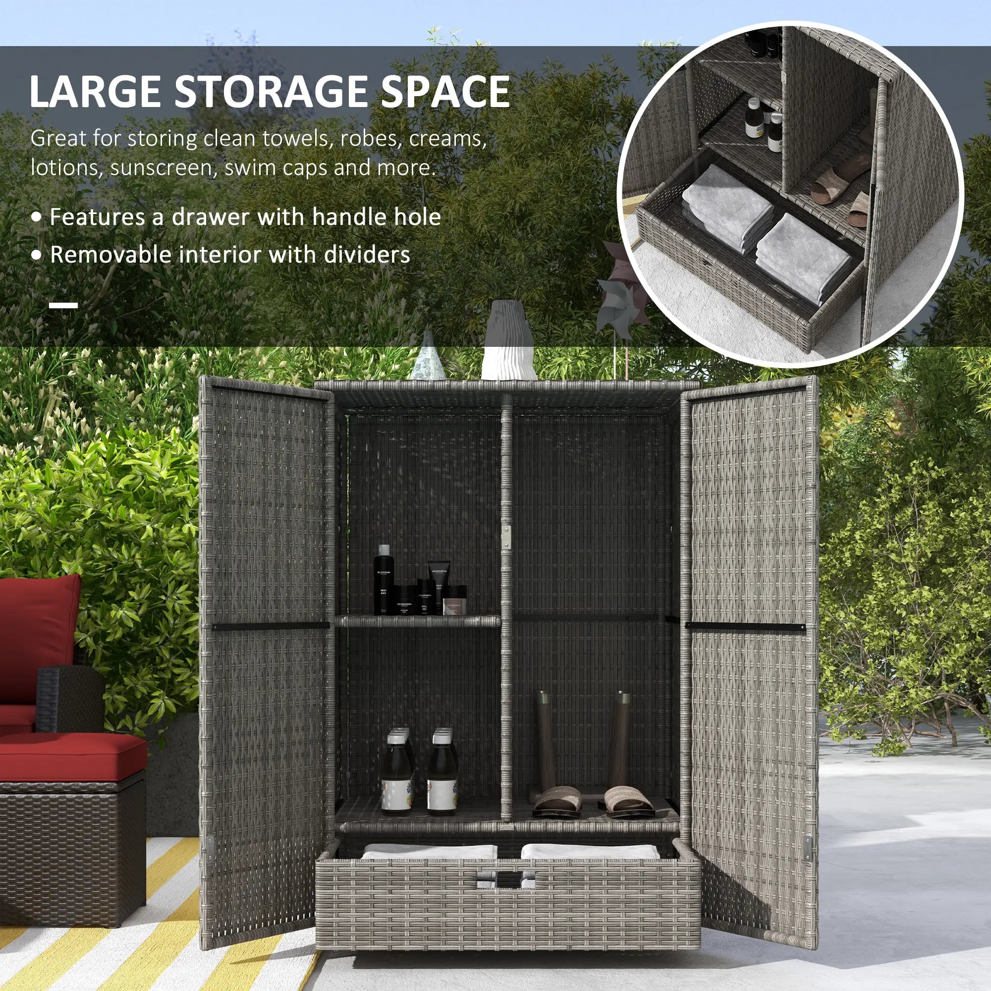 Wicker Outdoor Storage Cabinet, 2-Door Rattan, Dark Grey Patio Storage Boxes at Gallery Canada