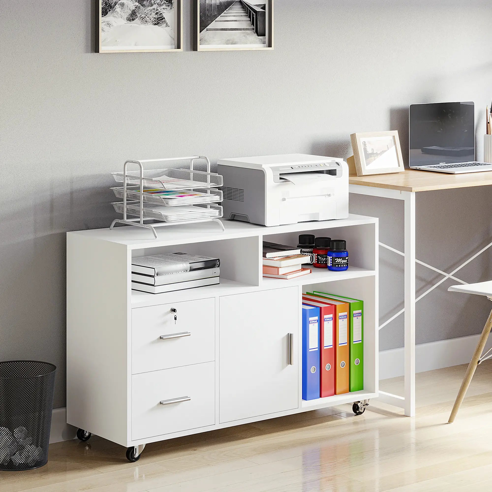 Lateral Filing Cabinet, Open Shelf, Mobile with Wheels, Lockable Drawer, White Office Cabinets & Cupboards at Gallery Canada