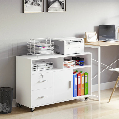 Lateral Filing Cabinet, Open Shelf, Mobile with Wheels, Lockable Drawer, White