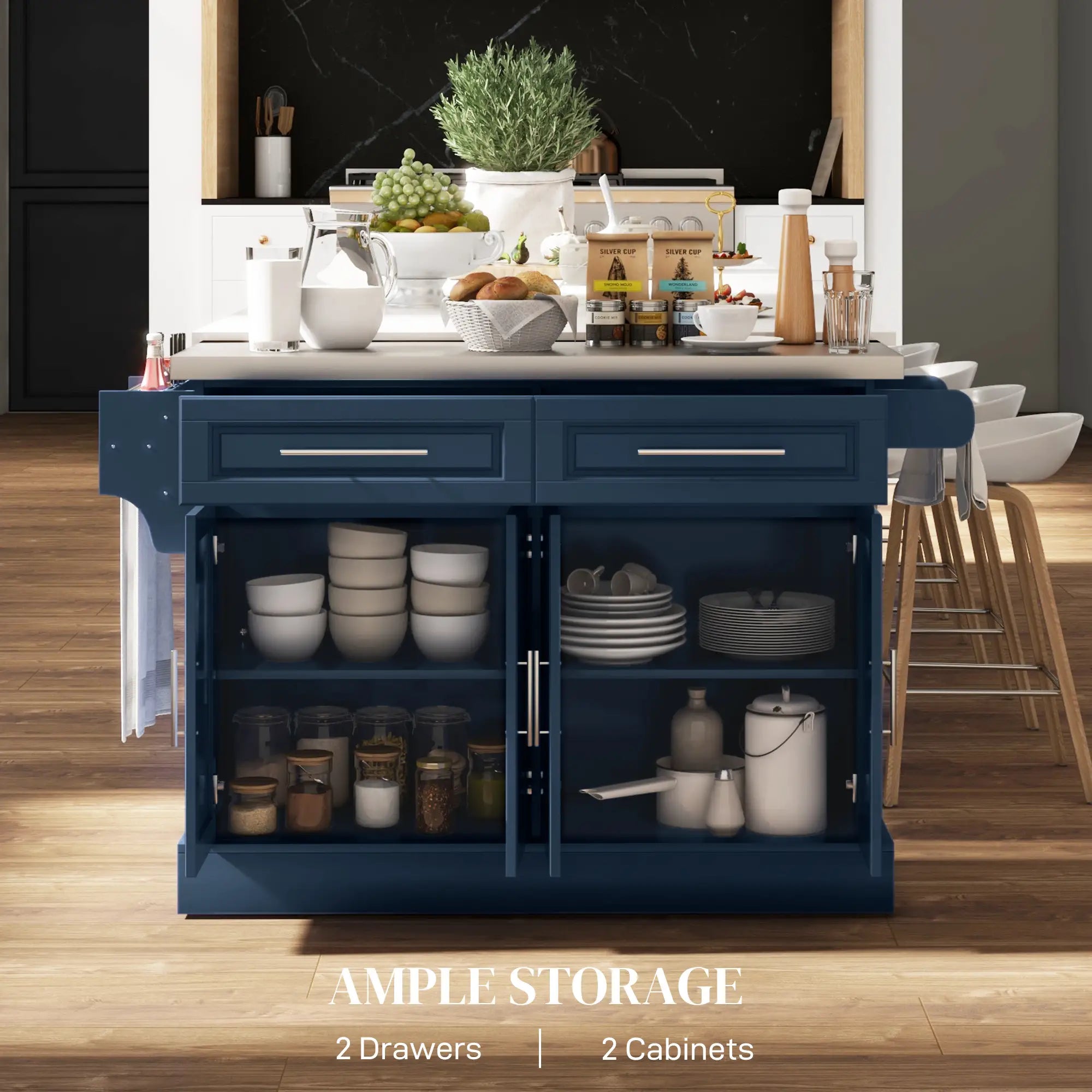 Rolling Kitchen Island with Storage, Stainless Steel Top, Blue Kitchen Islands & Kitchen Carts at Gallery Canada