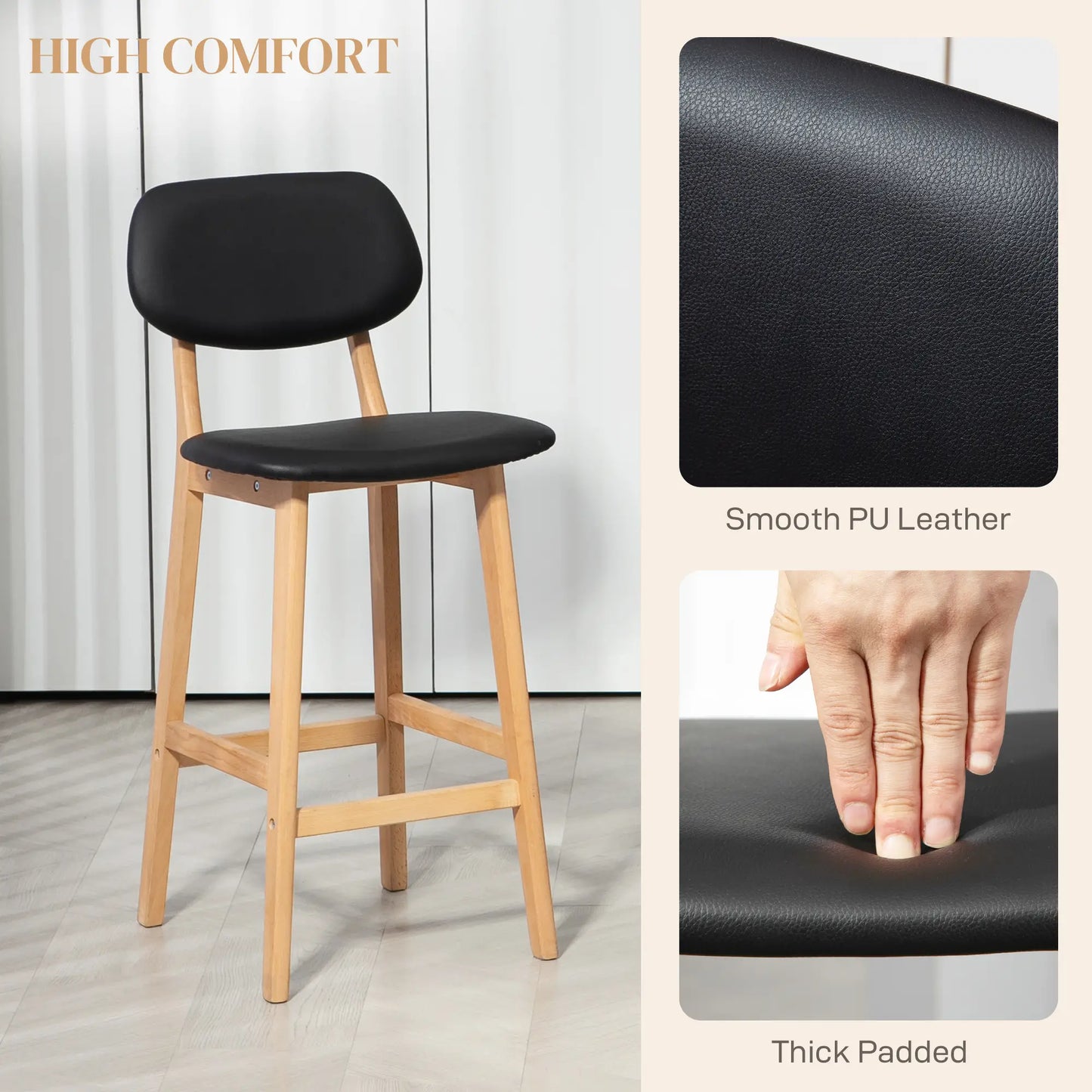 PU Leather Bar Stools Set of 2, Counter Height, Natural and Black, Black Bar Stools at Gallery Canada