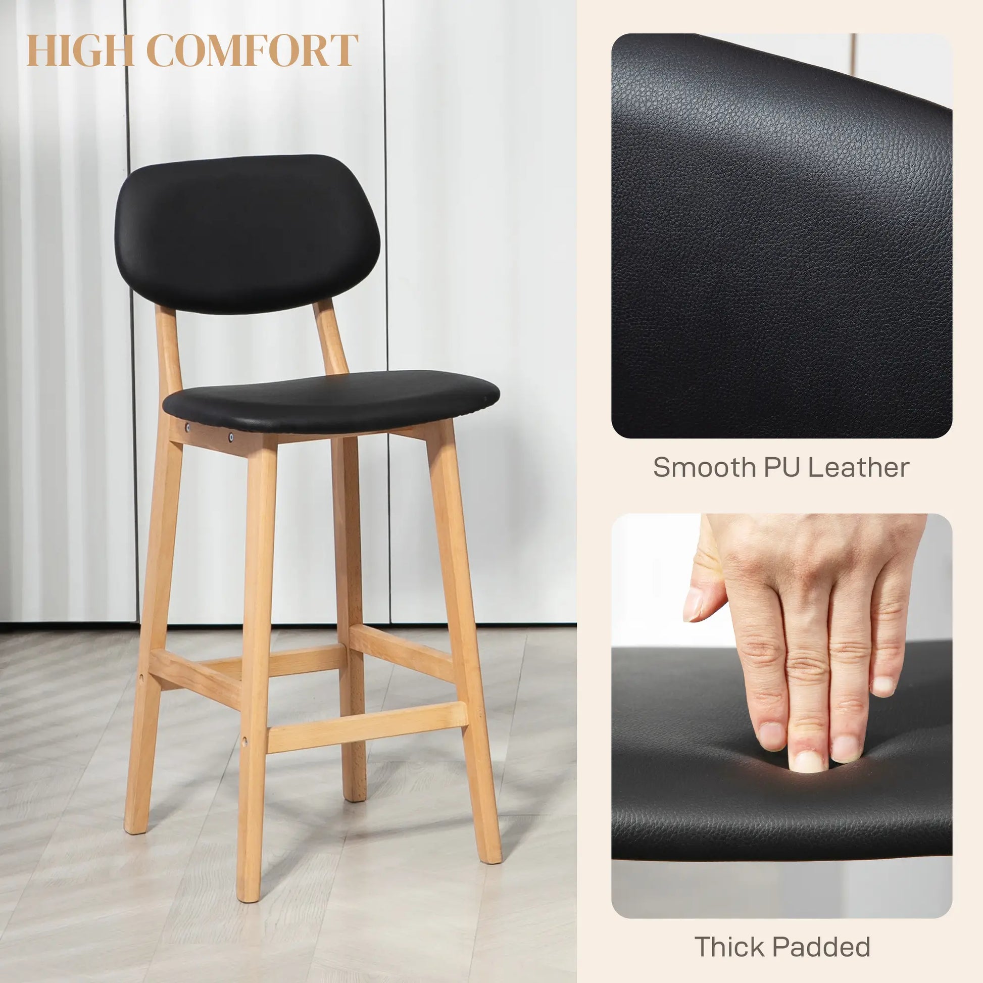 PU Leather Bar Stools Set of 2, Counter Height, Natural and Black, Black Bar Stools at Gallery Canada