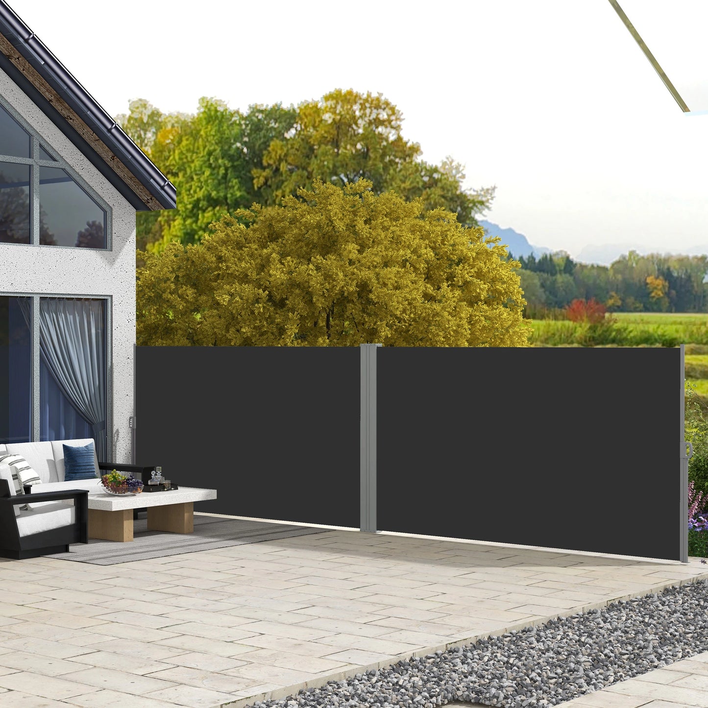 236" x 63" Outdoor Privacy Wall, Double Retractable Awning, Black Side Awnings at Gallery Canada