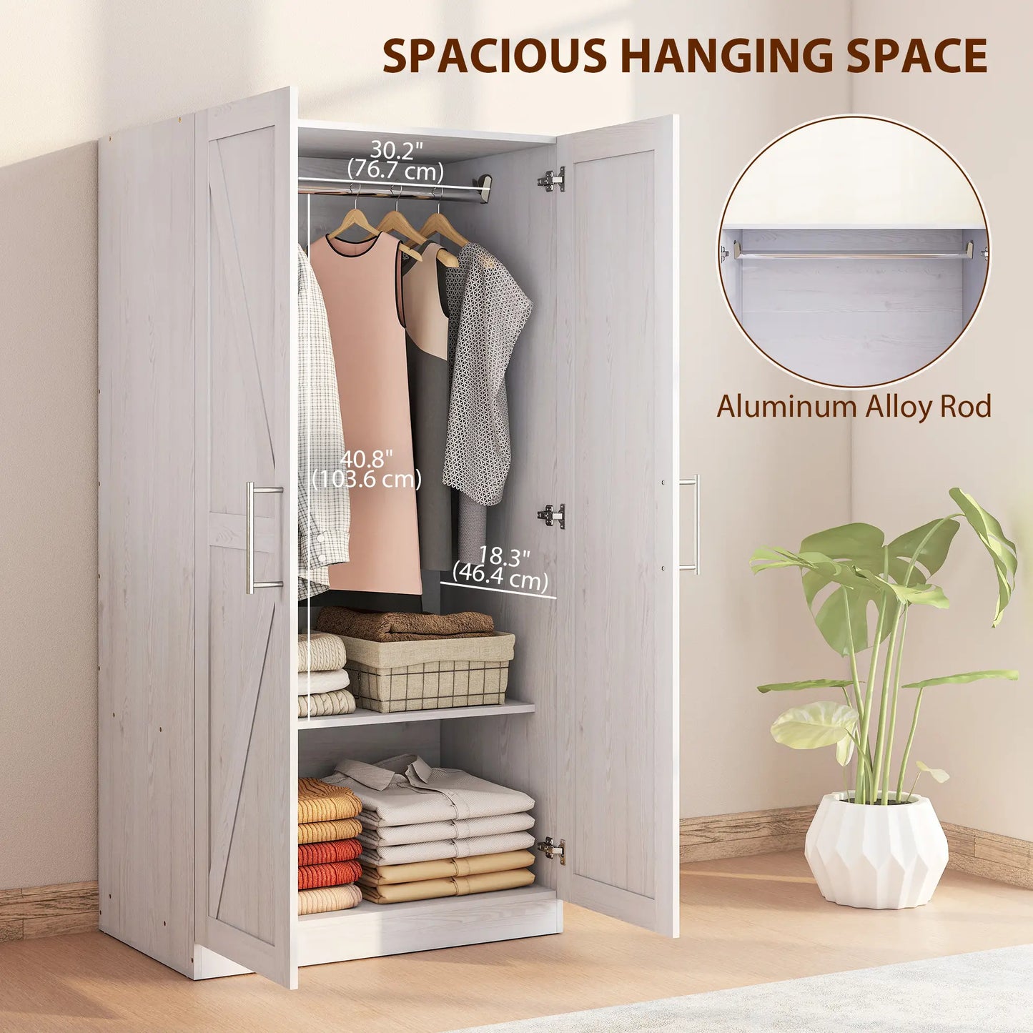 Farmhouse Armoire Wardrobe, 2 Barn Doors, White Wood Effect, White