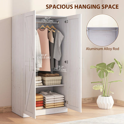 Farmhouse Armoire Wardrobe, 2 Barn Doors, White Wood Effect, White