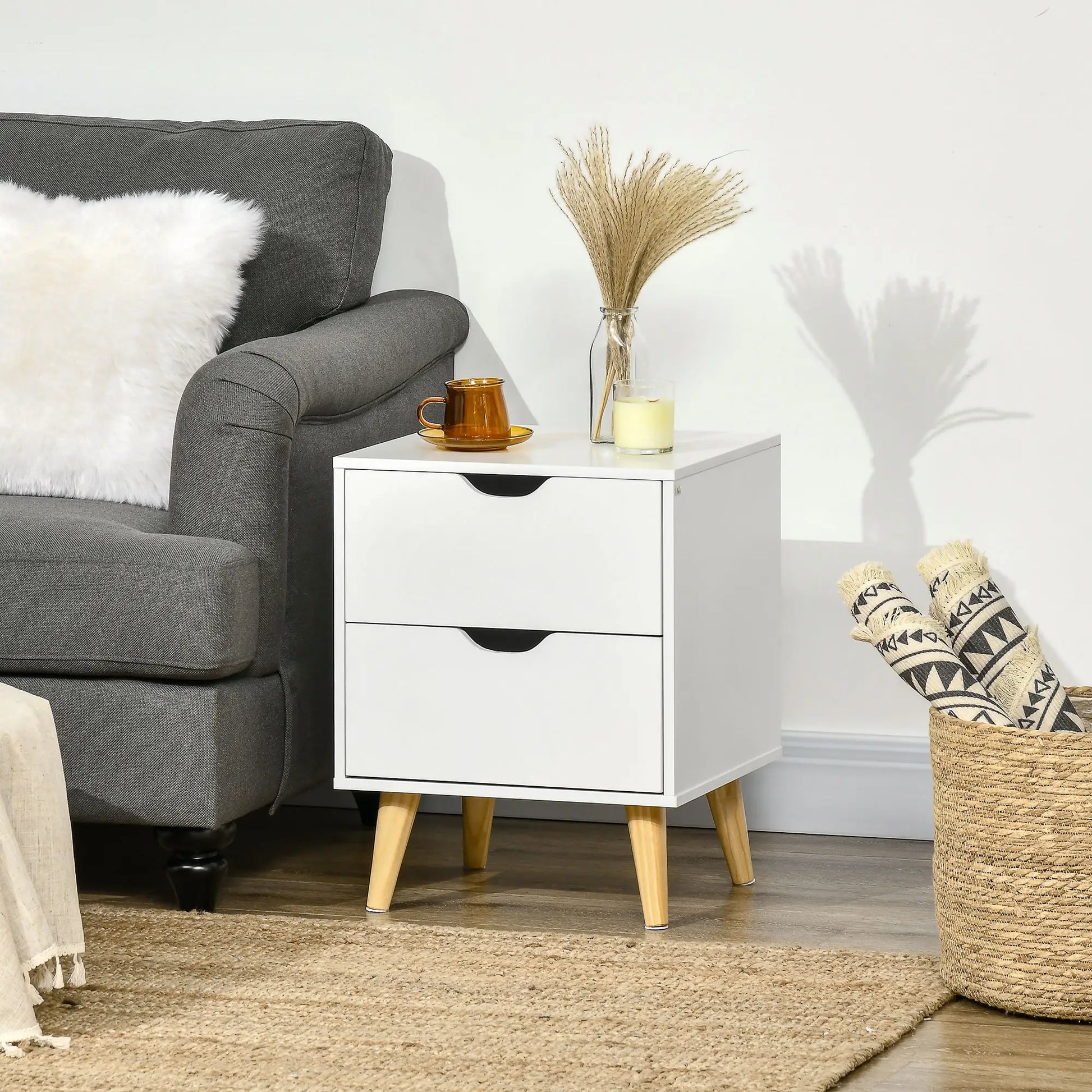 Modern Bedside Table, Nightstand with 2 Drawers, Pine Wood Legs, White Bedside Tables at Gallery Canada