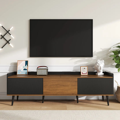 Three Door Stand, Raised Edge, Sturdy Wooden Legs, 63" L x 15.5" W x 19.5" H, Natural, Black TV Stands at Gallery Canada