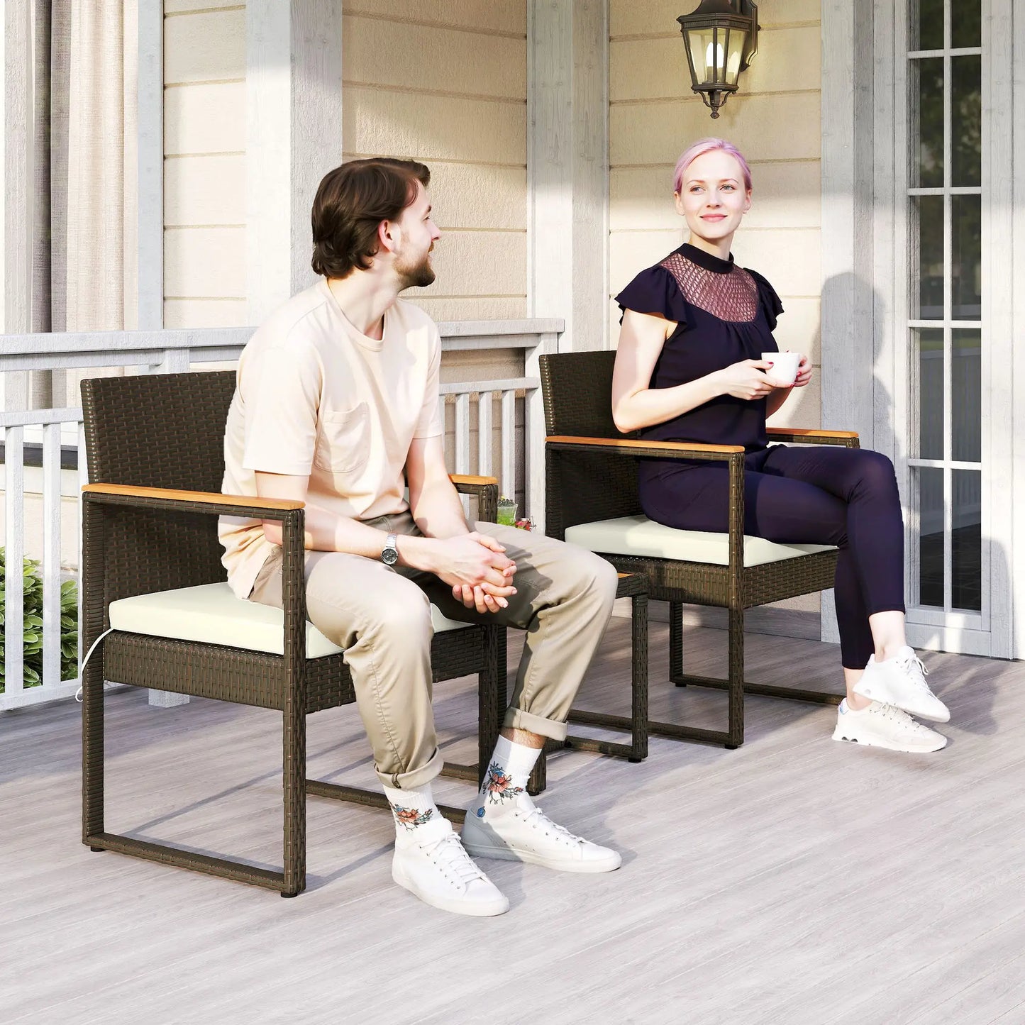 3 Pc Wicker Patio Set, Rattan Bistro w/ Acacia Table, White Bistro Sets at Gallery Canada